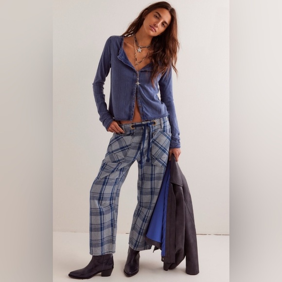 Free People We The Free Moxie Plaid Pull-On Barrel Jeans - Picture 1 of 4